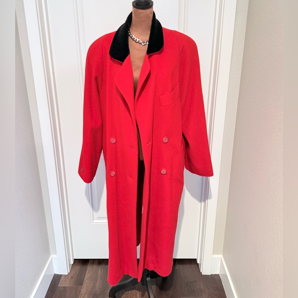 London Fog Red Wool Long Coat Velvet Collar Size 12P